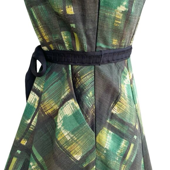 Anthropologie Maeve Dress 0 Green Painted Plaid Fit & Flare Belt Petticoat Swift - Picture 5 of 8